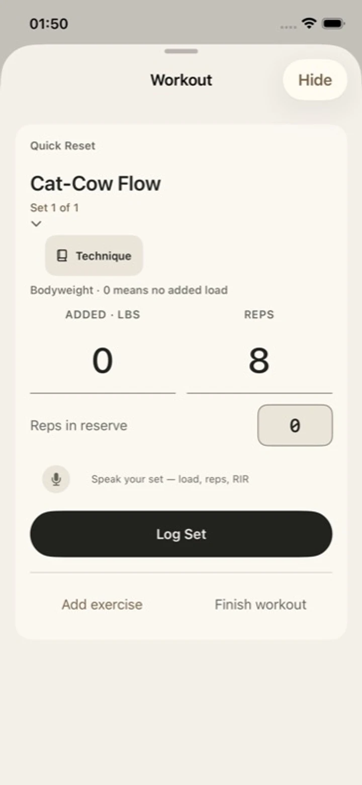 SCVLPT development app: separate workout controls with a fictional Cat-Cow Flow set